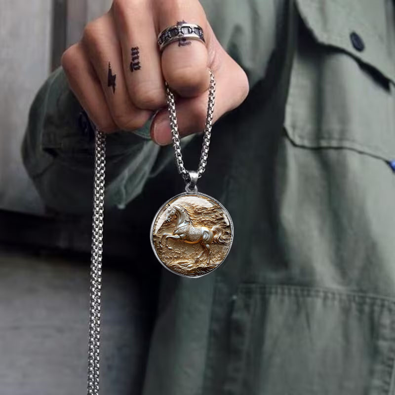 Men's Golden Steed Pattern Stainless Steel Necklace, Animal Pendant